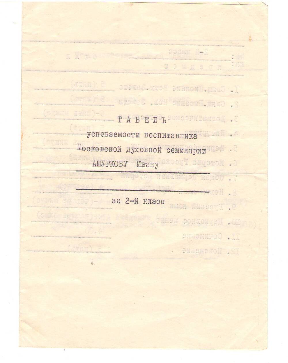 Табель успеваемости воспитанника Московской Духовной семинарии Ашуркова Ивана за 2 класс