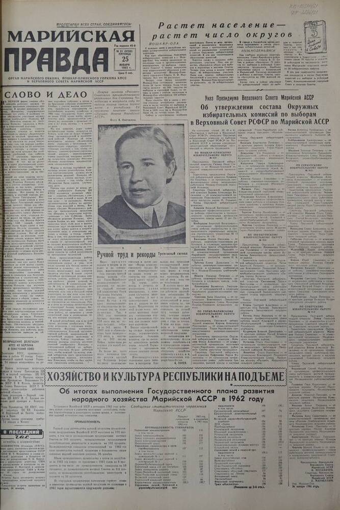 Газета Марийская правда. № 21 (9750). 25 января 1963 г.                                                                                                                                                                                                                                                                                                                                                                                                                                                           