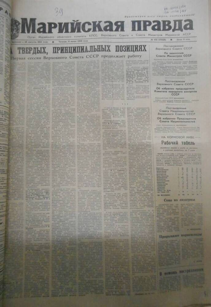 Газета Марийская правда № 133 (17929) за 1989 год.