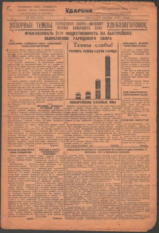 Газета. «Ударник» № 106 (125) от 25 ноября 1931 года