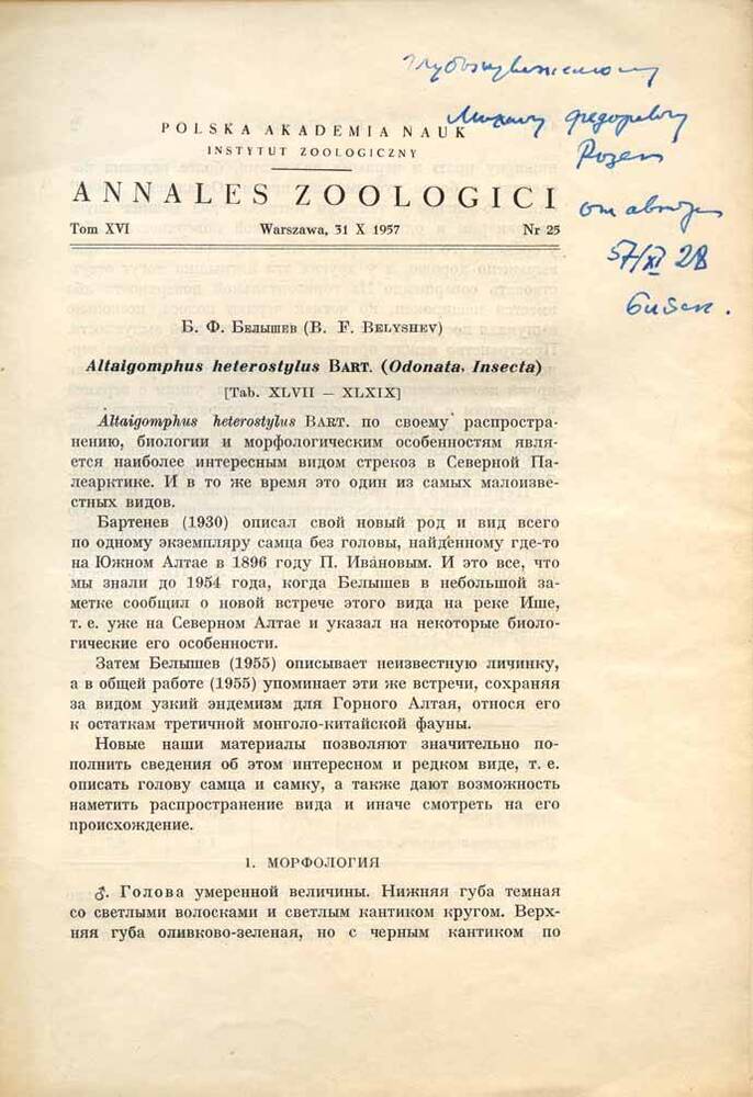 Отдельный оттиск статьи Белышева Б.Ф. «Altaigomphus heterostylus Bart. (Odonata, Insecta)» из сборника «Annales Zoologici». Варшава. 1957, Т. 16, № 25. С. 475-486