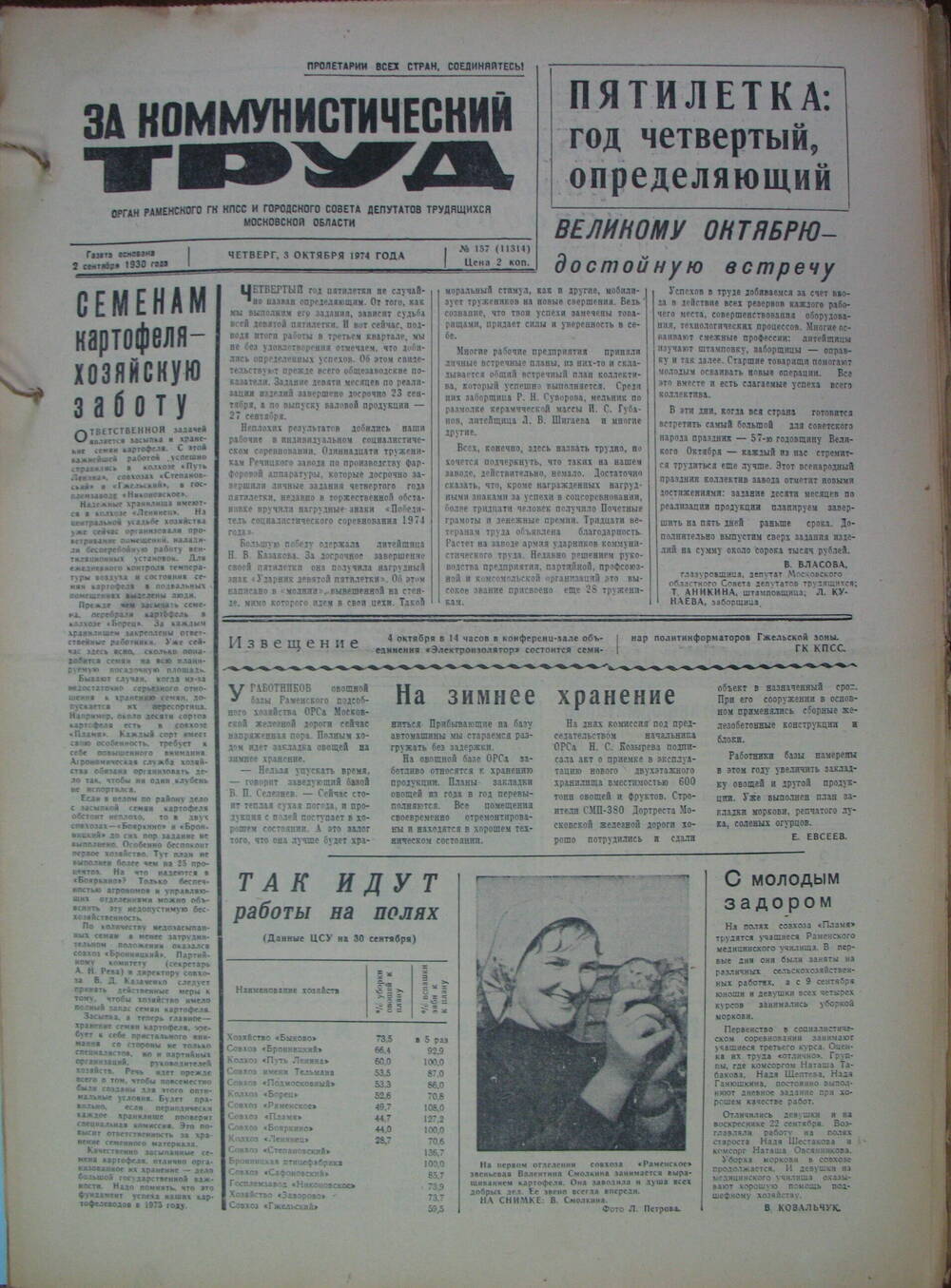 За коммунистический труд, газета № 157 от 3 октября 1974г