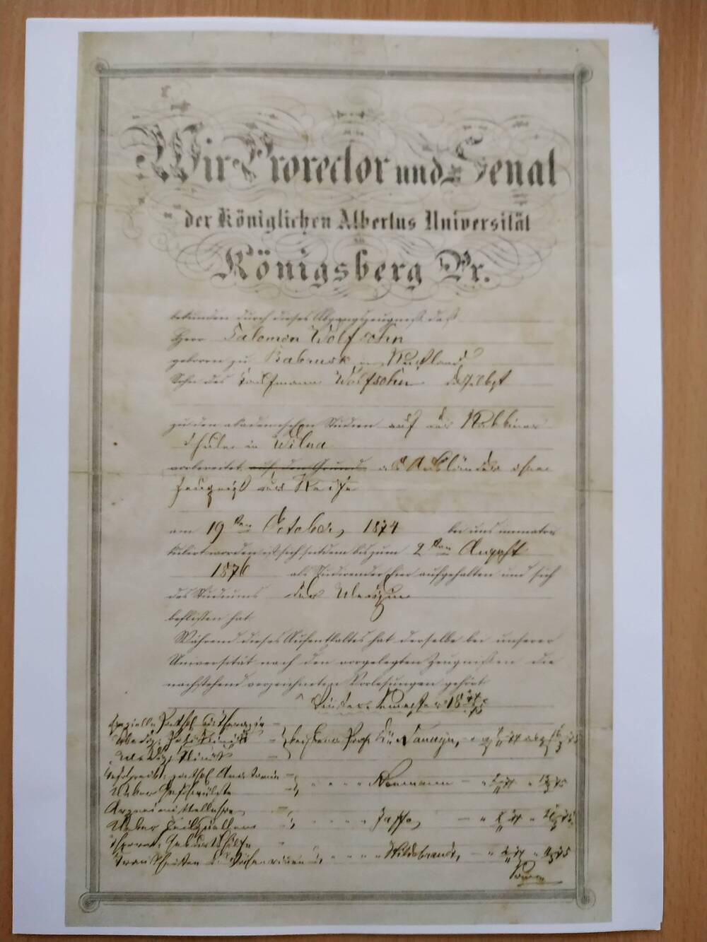 Копия документа на иностранном языке Вольфсона Соломона 1874-1876 гг.на 4-х листах