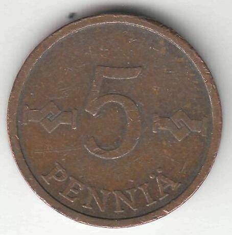 Монета 5 пенни 1974 г. Финляндия.