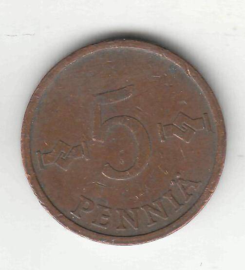 Монета 5 пенни 1975 г. Финляндия.
