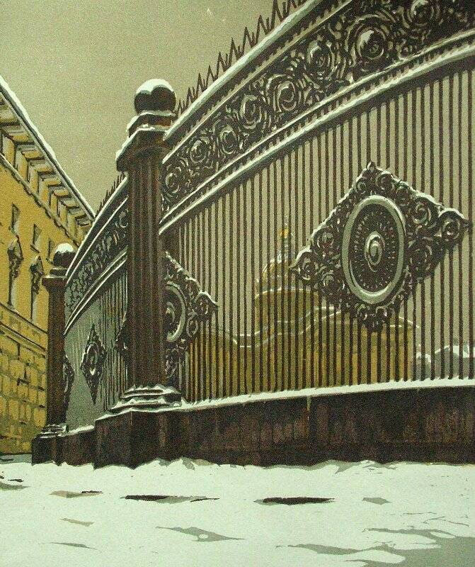 Линогравюра. Ограда Казанского собора.