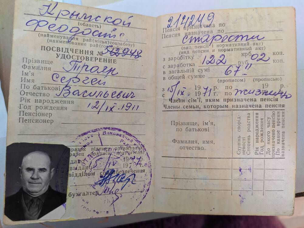 Удостоверение пенсионное Трояна С.В. 1977 г.