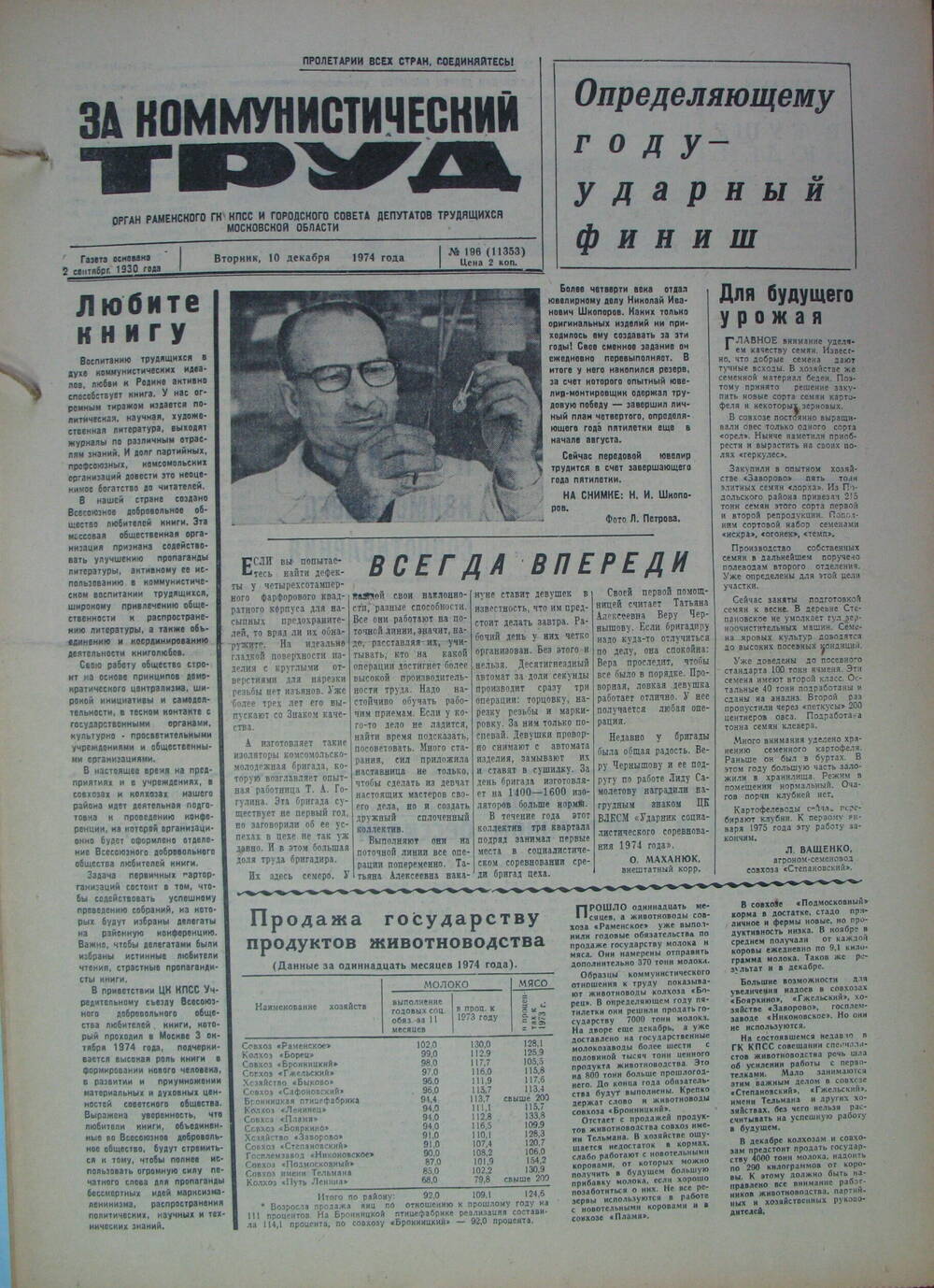 За коммунистический труд, газета № 196 от 10 декабря 1974г