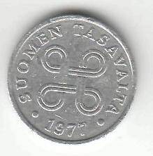 Монета 1 пенни 1977 г. Финляндия.