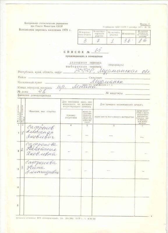Список № 65, проживающих в помещении дома № 48 по проспекту Ленина города Мурманска, включенных в сплошную перепись  Всесоюзной переписи населения 1979 года.
