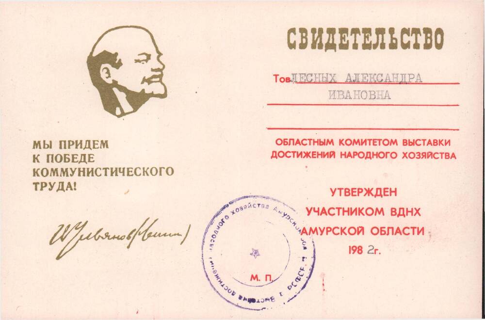 Свидетельство Амурской ВДНХ, 1982 год.