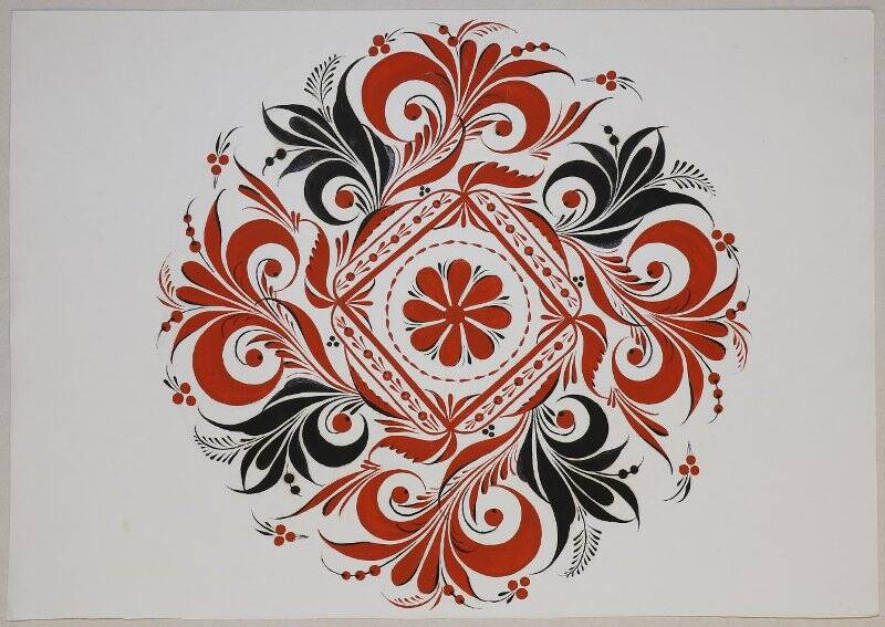 Эскиз хохломской росписи. Орнамент пряник в красно-черном цвете.
