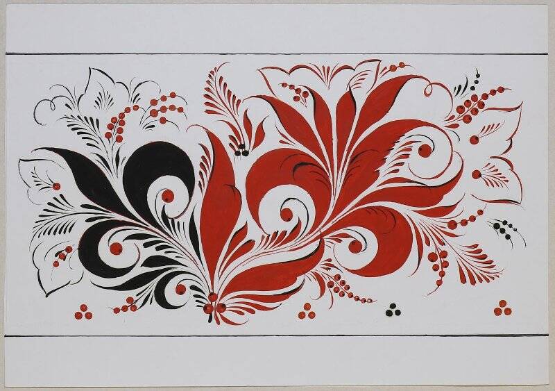 Эскиз хохломской росписи. Травно-ягодный орнамент в красно-чёрном цвете.