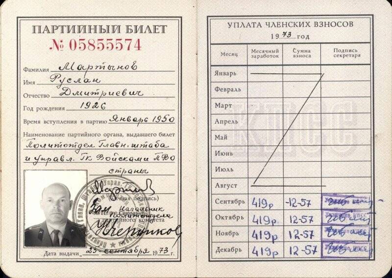 Партийный билет № 05855574 полковника Мартынова Руслана Дмитриевича. Выдан 25 сентября 1973 года.