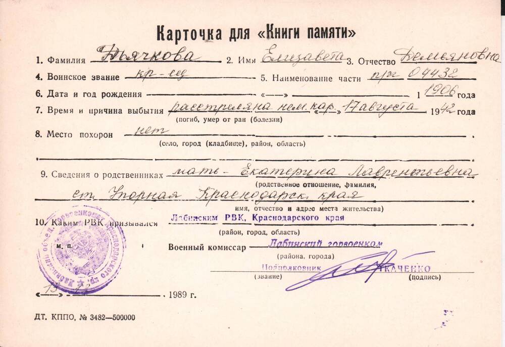 Личная карточка для «Книги Памяти» на Дьячкову Елизавету Демьяновну, 1906 года рождения, красноармейца. Была расстреляна 17 августа 1942 года.
