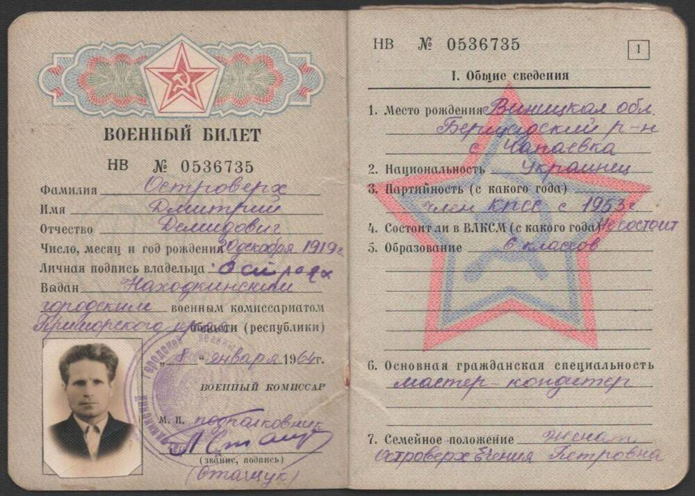 Военный билет Островерх Дмитрия Демидовича.