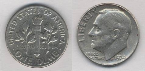 Монета номиналом 10 центов 1974 г.в., США