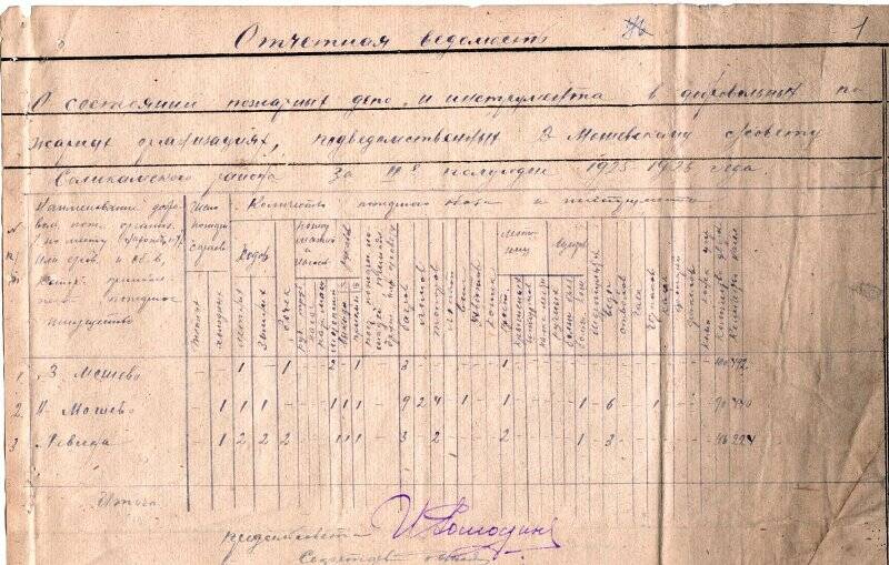 Отчет о состоянии пожарного дела в Верх-Мошевском сельсовете Соликамского района за 2-е полугодие 1925-1926 гг.