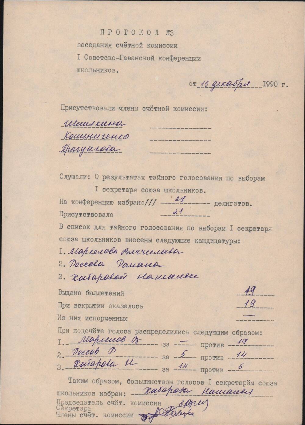 Протокол № 3 заседания счётной комиссии первой Советско-Гаванской конференции школьников.