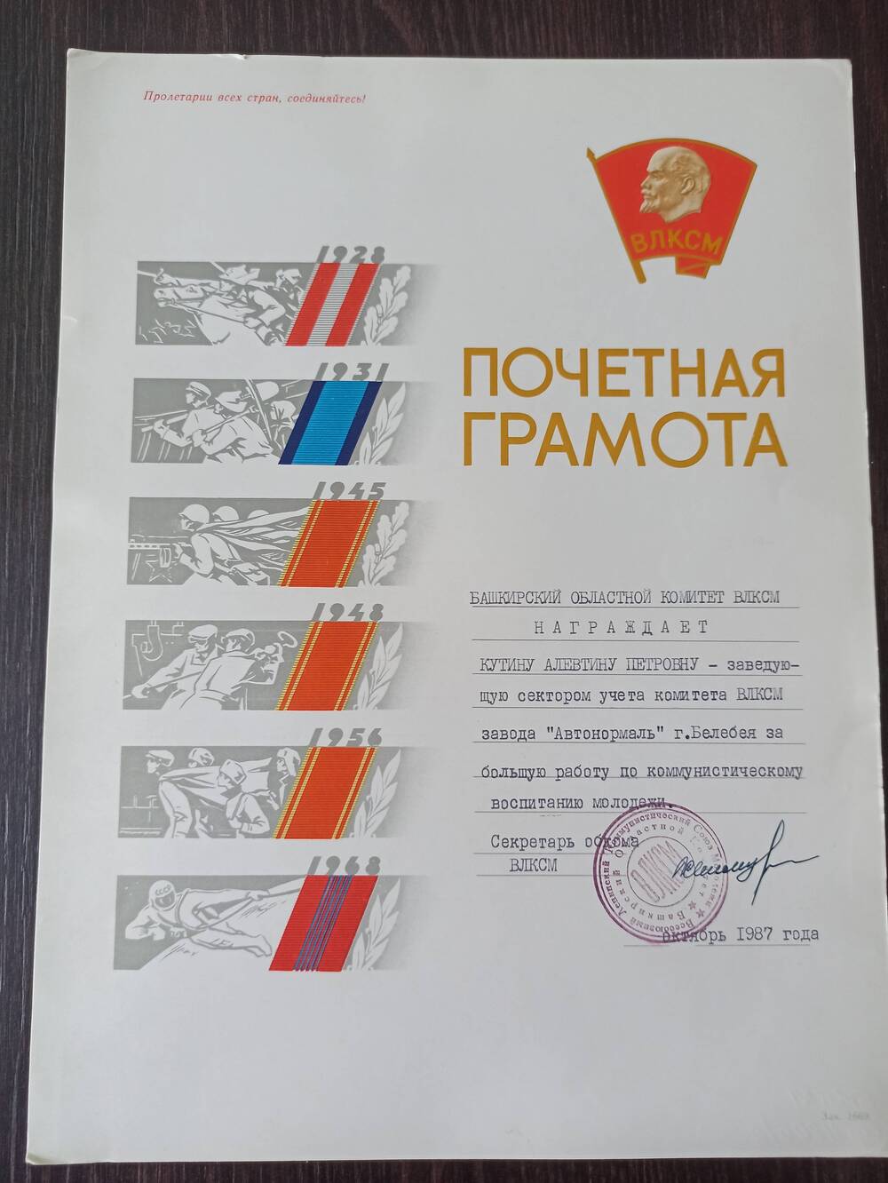 Почетная грамота от обкома ВЛКСМ от октября 1987г.