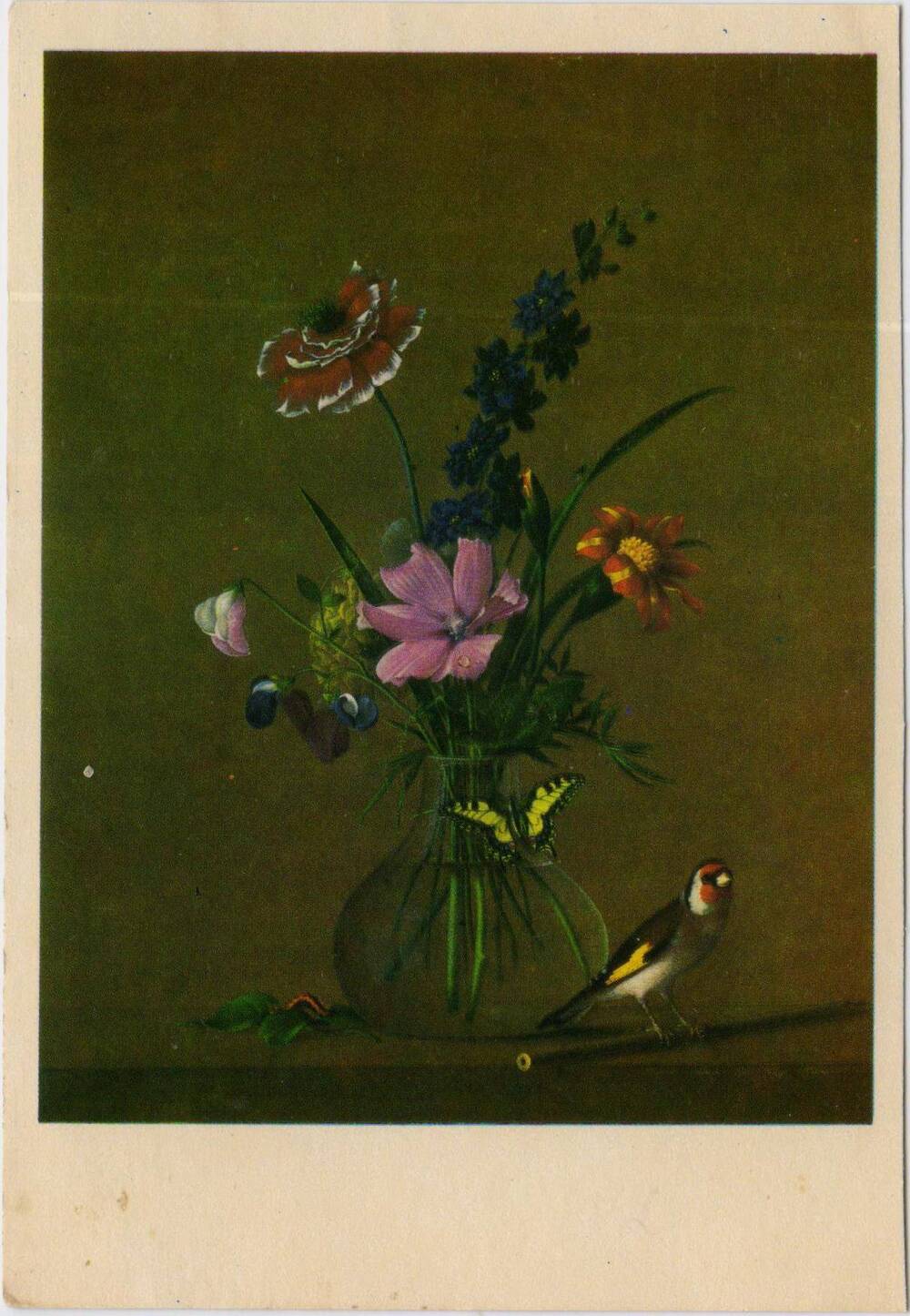 Открытка. Букет цветов, бабочка и птичка 1820 г. Художник Ф. Толстой (1783-1873)