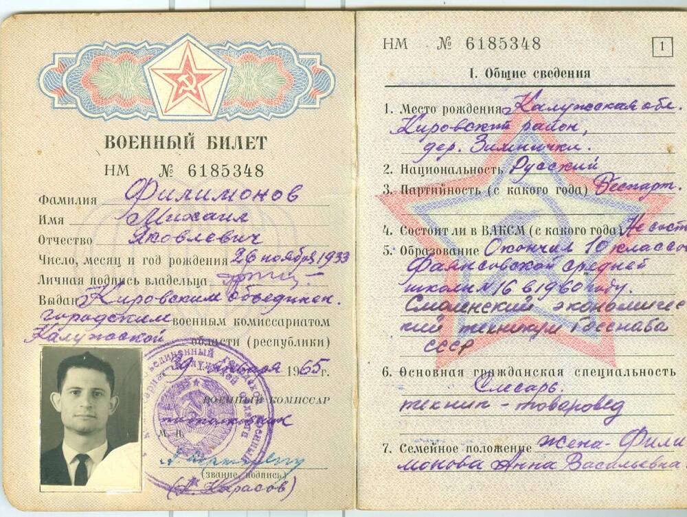 Учетно-послужная карточка к военному билету Филимонова М. Я.